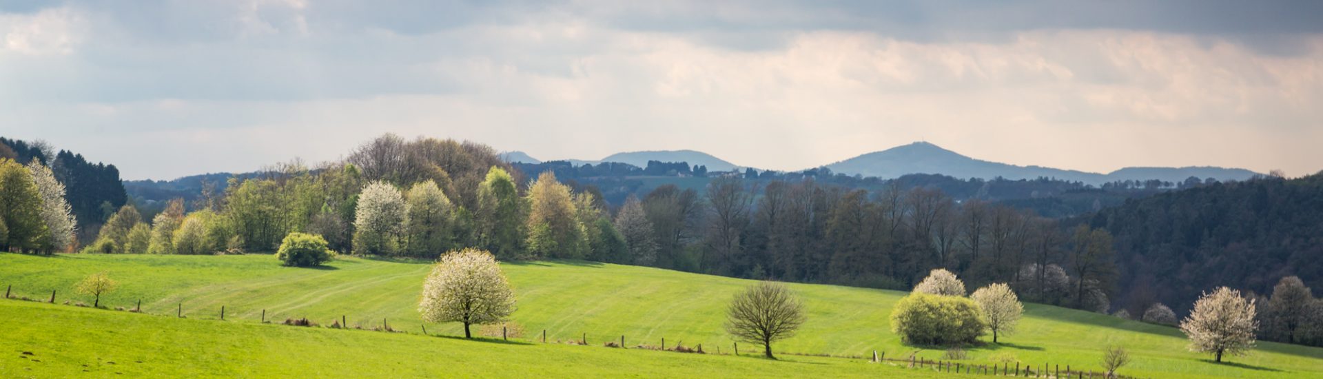 dunkle Wolken über grünen Hügeln